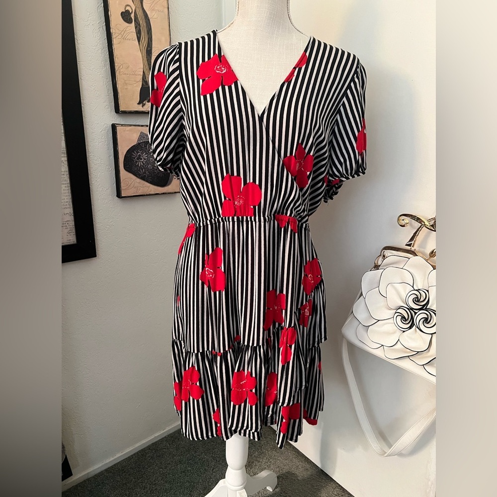 Madewell Black and White with red flowers dress